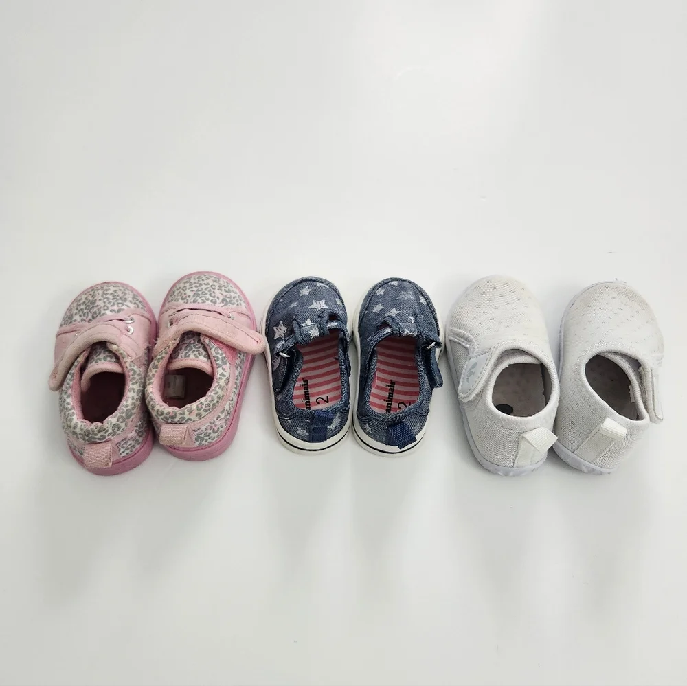 Infant Baby Girl Size 2 Shoe‎ Bundle Lot - 3 Pairs Pink, Blue, and White